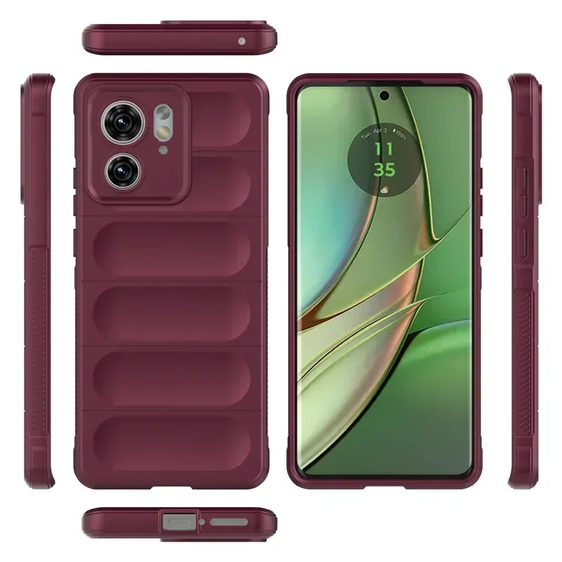 A maroon silicone phone case with a raised camera bump and a textured, ribbed back, shown from multiple angles.