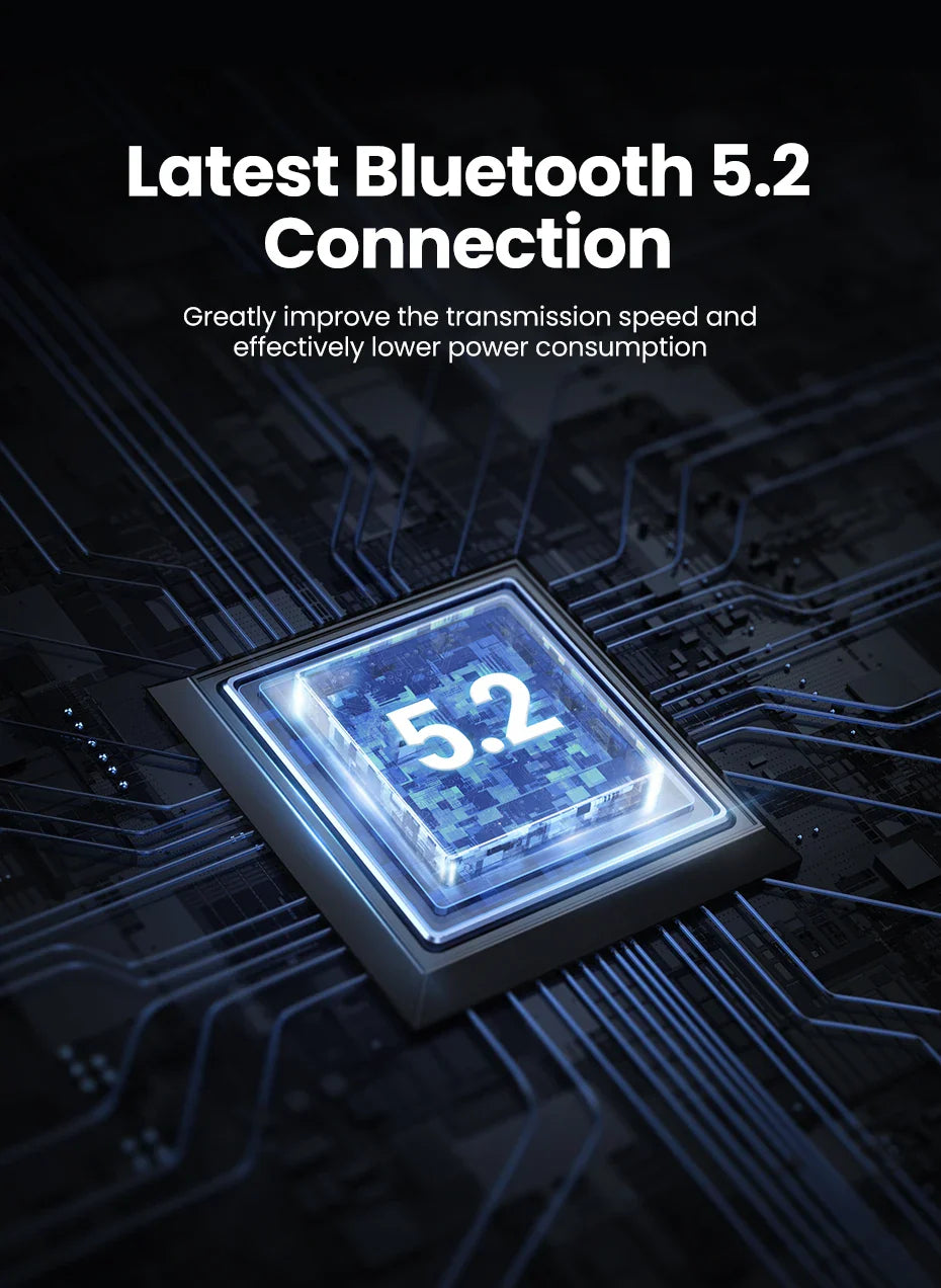 Glowing microchip displaying ’5.2’’ representing Bluetooth technology.