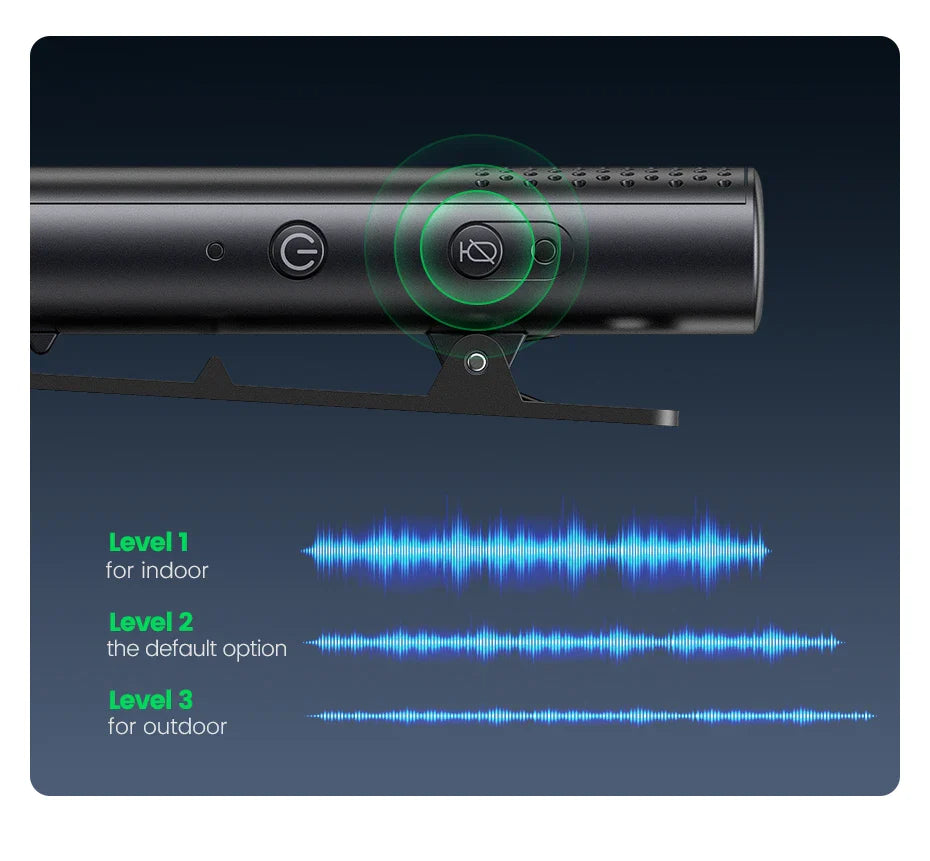 Microphone with audio level indicators and settings for indoor and outdoor use.