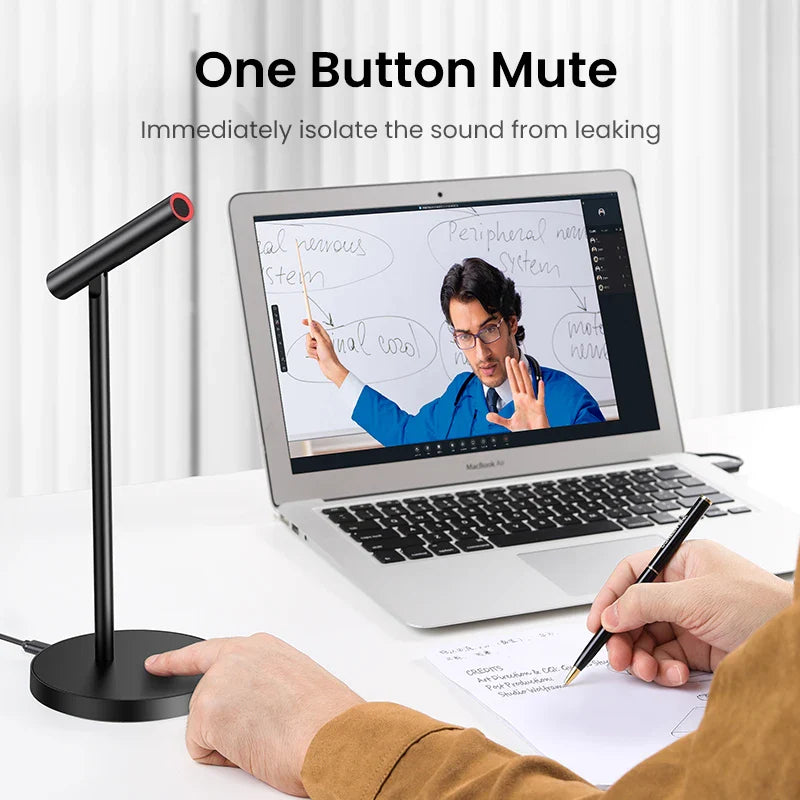 Microphone with a one-button mute feature for isolating sound during online meetings or classes.