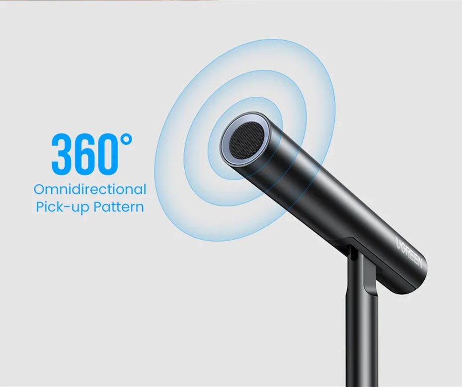 Microphone with a visual representation of its 360-degree omnidirectional pickup pattern.