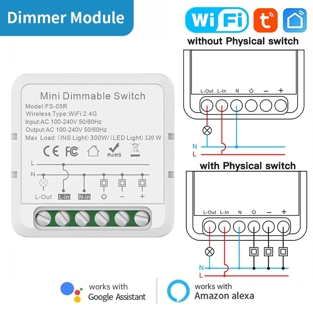 Mini dimmable WiFi switch with wiring diagrams.