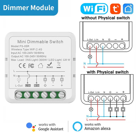 Mini dimmable WiFi switch with wiring diagrams.