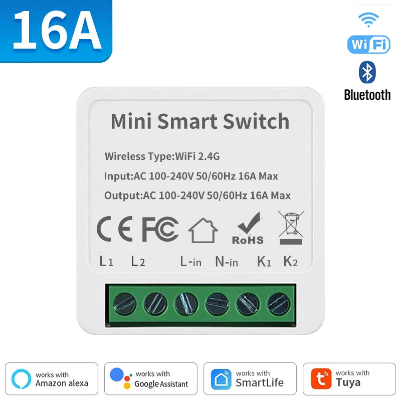 Mini smart switch with WiFi and Bluetooth connectivity.