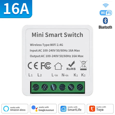 Mini smart switch with WiFi and Bluetooth connectivity.