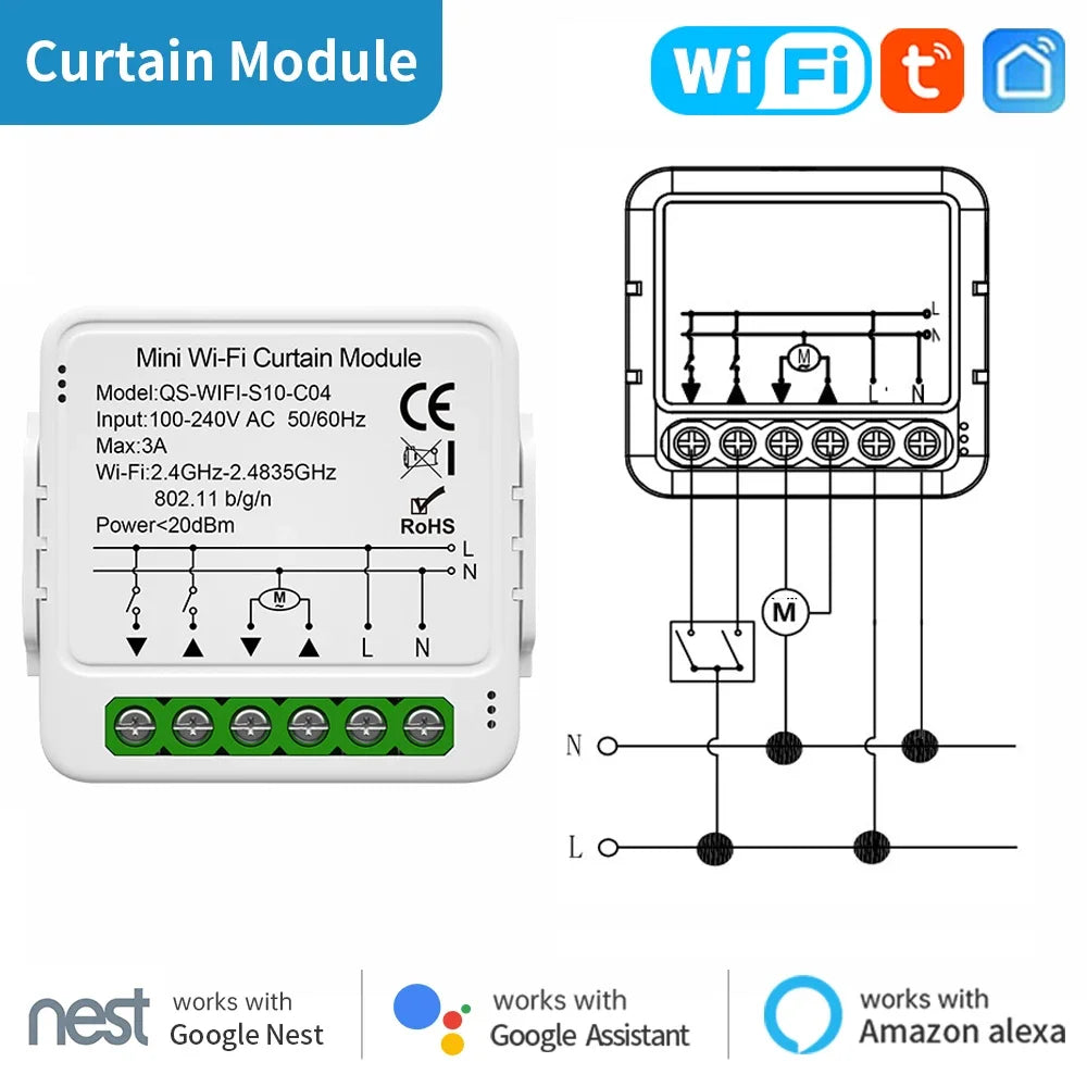 Mini Wi-Fi curtain module with wiring diagram.