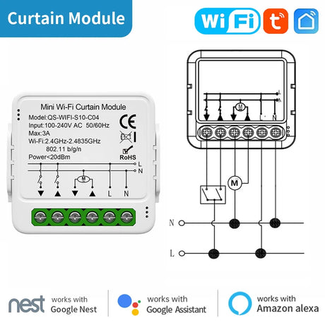 Mini Wi-Fi curtain module with wiring diagram.