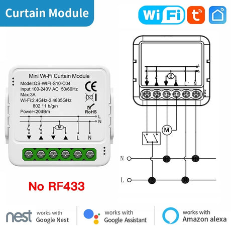 Mini Wi-Fi curtain module with wiring diagram.