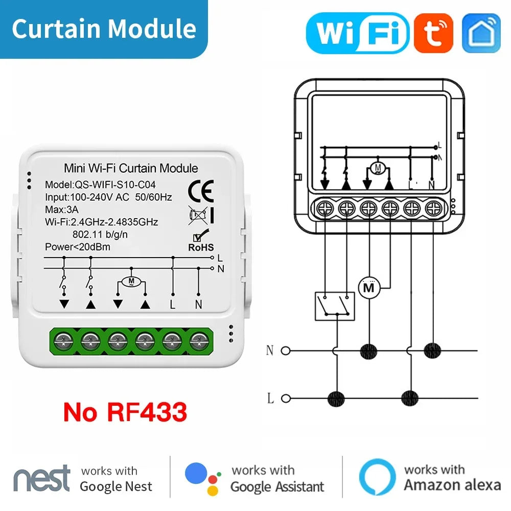 Mini Wi-Fi curtain module with wiring diagram.