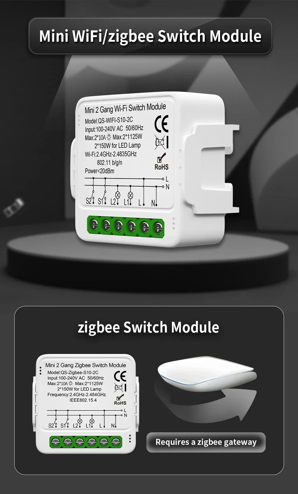 Mini WiFi/Zigbee switch module.