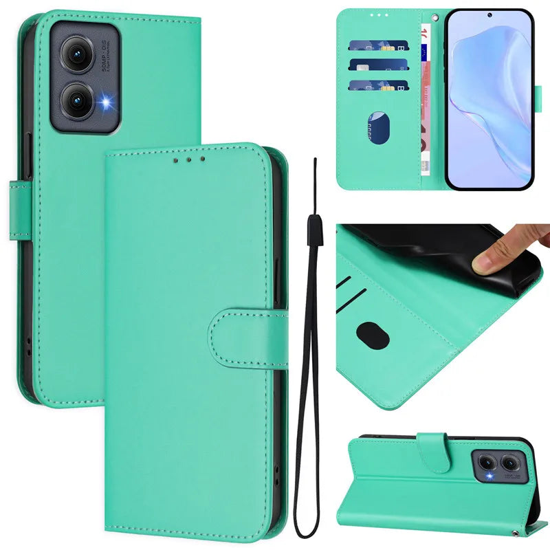 Mint green flip phone case with card slots and wrist strap.