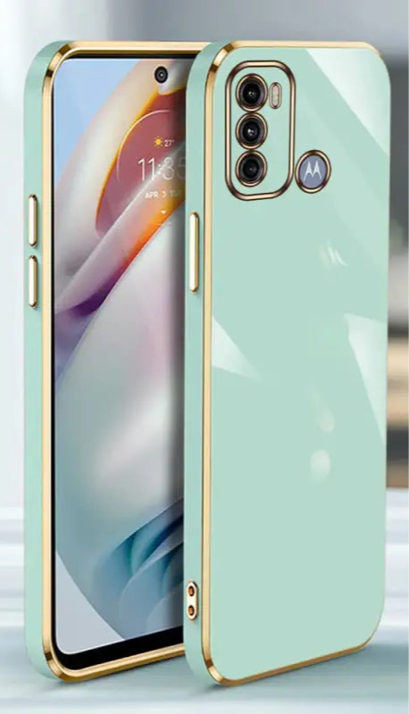 Mint green smartphone case with gold-colored edges and camera cutouts.
