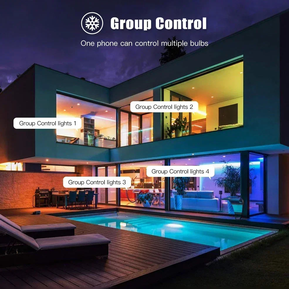 Modern house with colorful smart lighting.