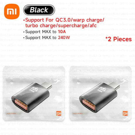 two bags of black charger with two different designs on them
