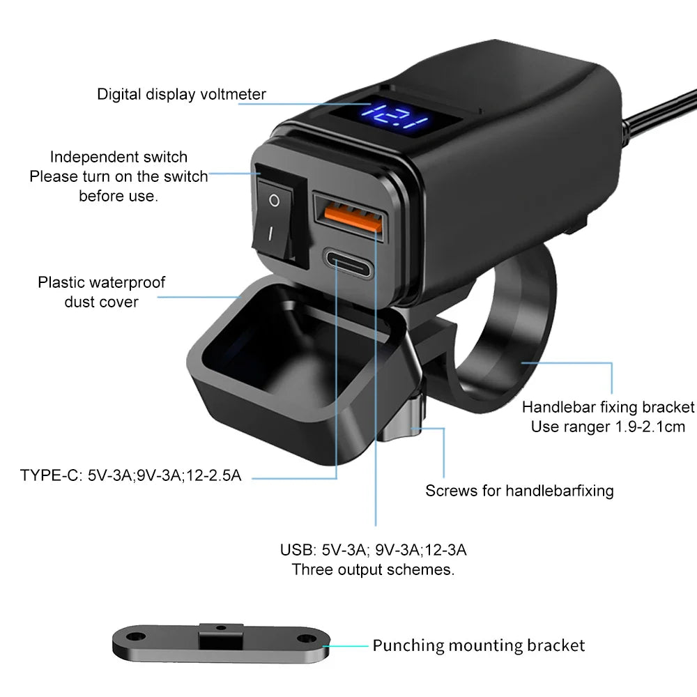 Motorcycle handlebar USB charger with voltmeter.