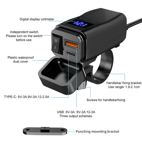 Motorcycle handlebar USB charger with voltmeter.