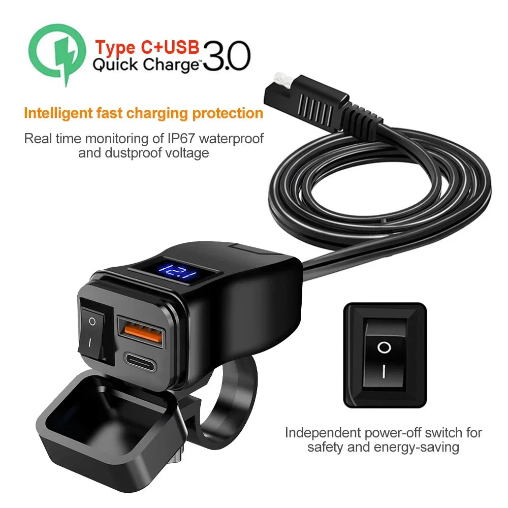 Motorcycle handlebar USB charger.