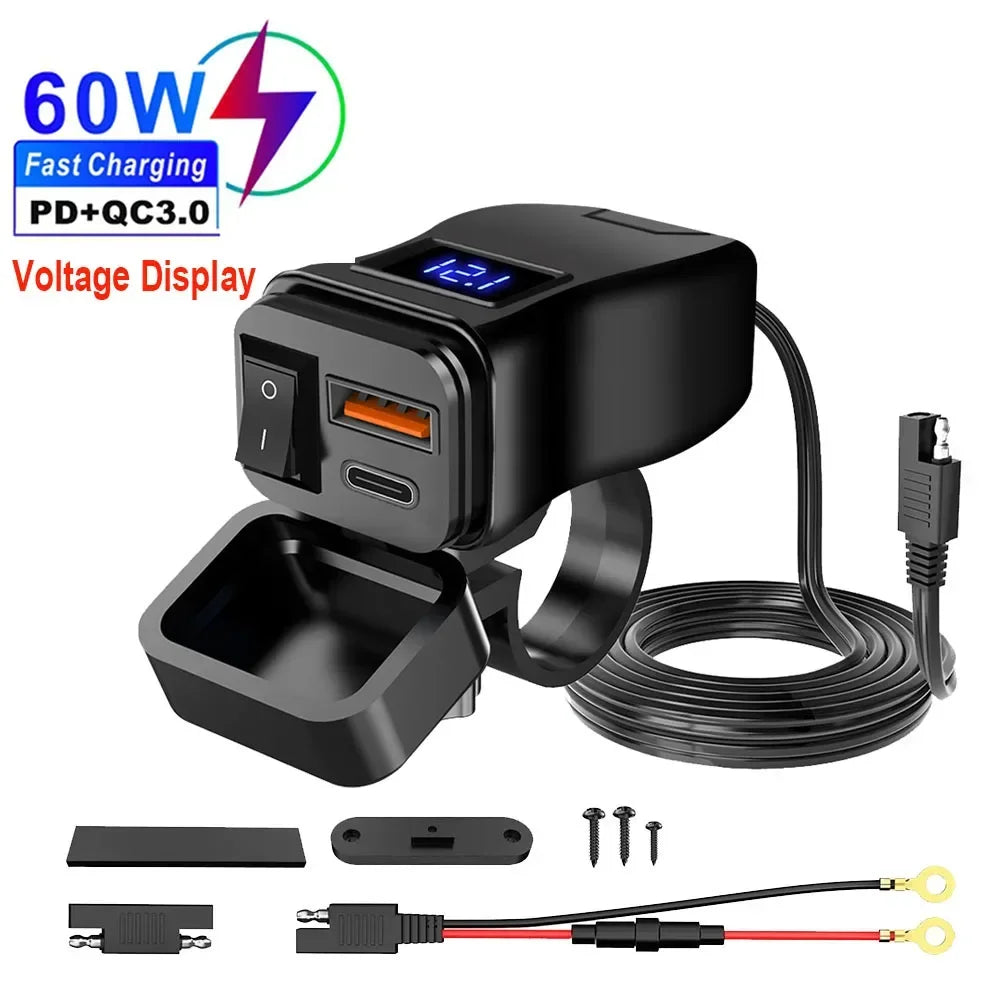 Motorcycle USB charger with voltage display.
