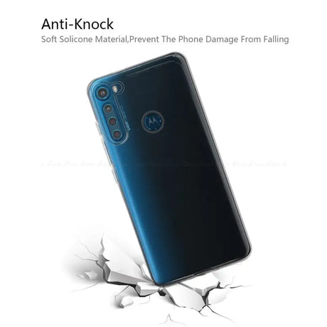 the back of a blue motorola phone with a broken screen