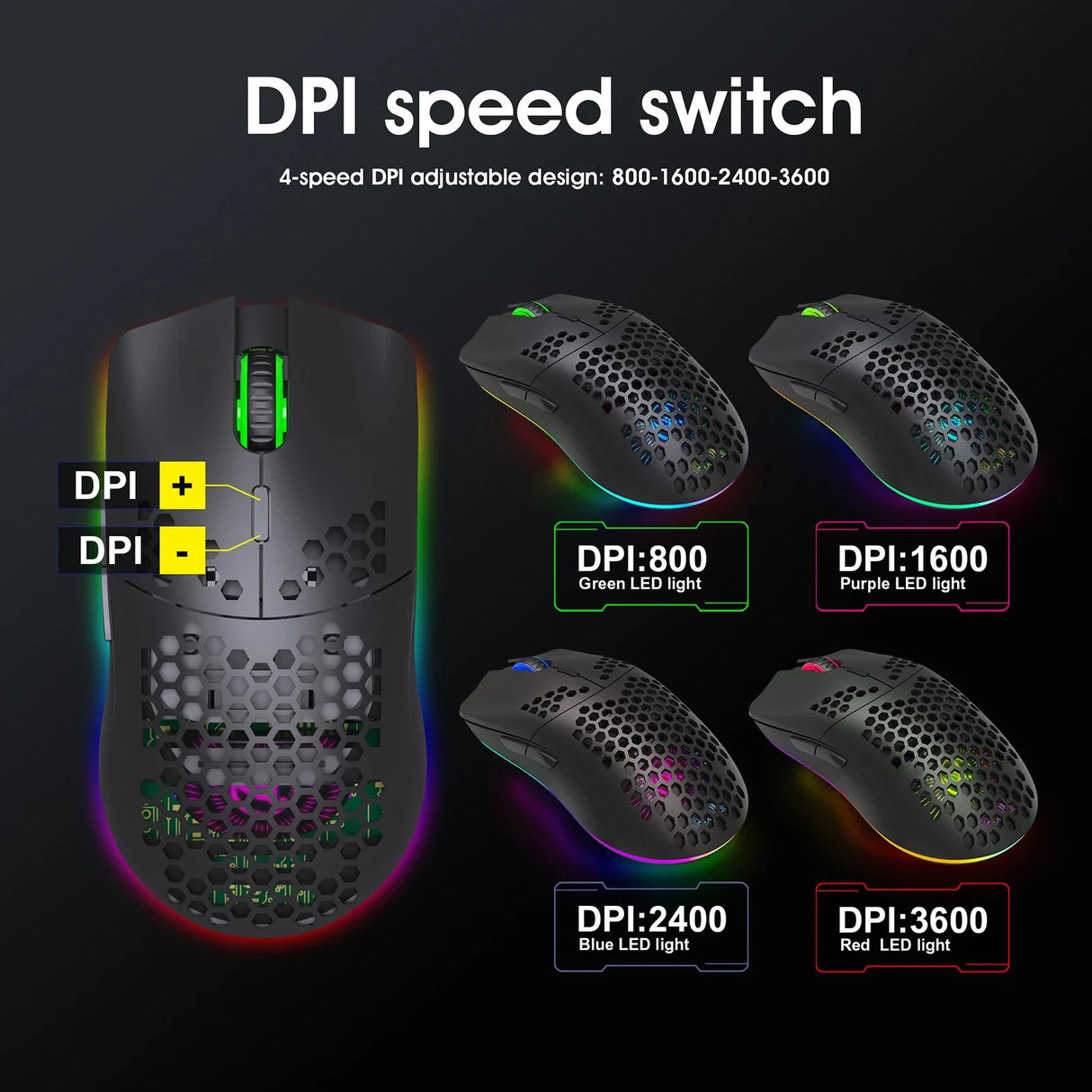 Gaming mouse with adjustable DPI settings and RGB lighting.