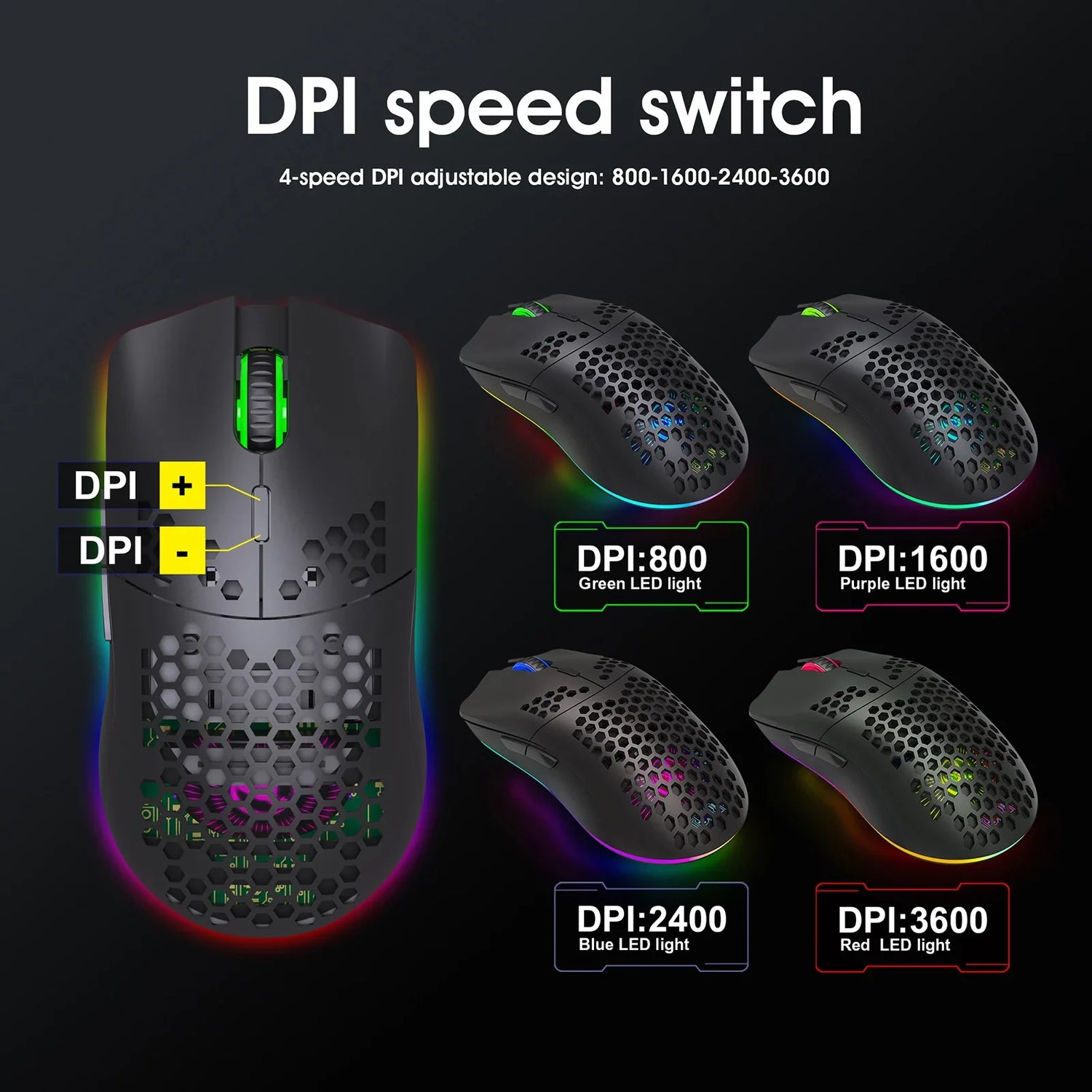 Gaming mouse with adjustable DPI settings and RGB lighting.