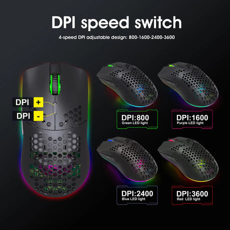 Gaming mouse with adjustable DPI settings and RGB lighting.
