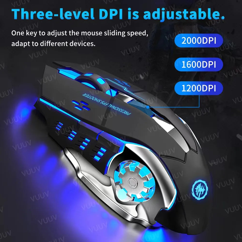 Gaming mouse with adjustable DPI settings and blue LED lighting.