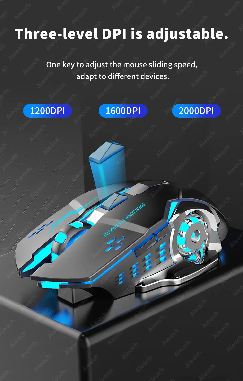 Gaming mouse with adjustable DPI settings and blue LED lighting accents.