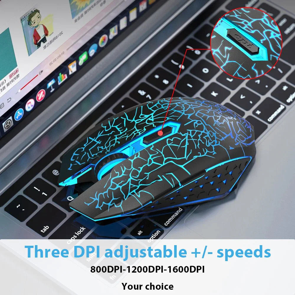 Gaming mouse with glowing blue cracks and adjustable DPI settings.