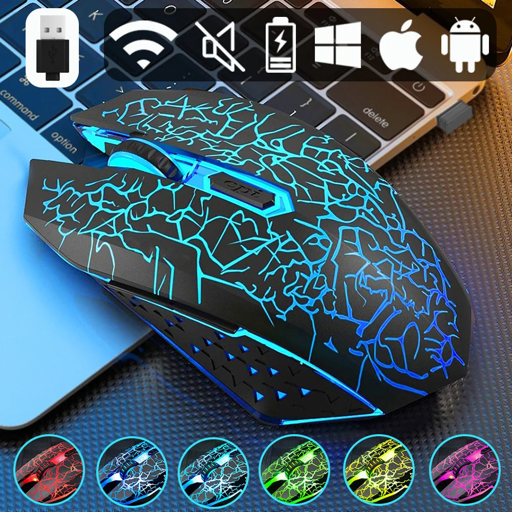 Gaming mouse with glowing blue cracks and LED lighting effects.