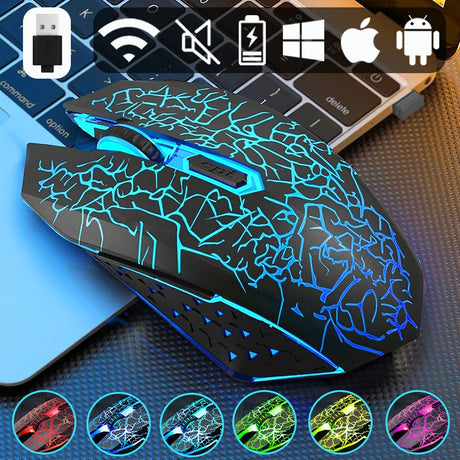 Gaming mouse with glowing blue cracks and LED lighting effects.