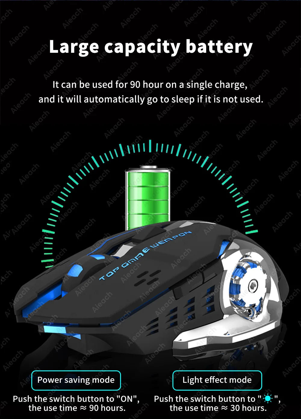 Gaming mouse with blue LED accents and a battery indicator display.