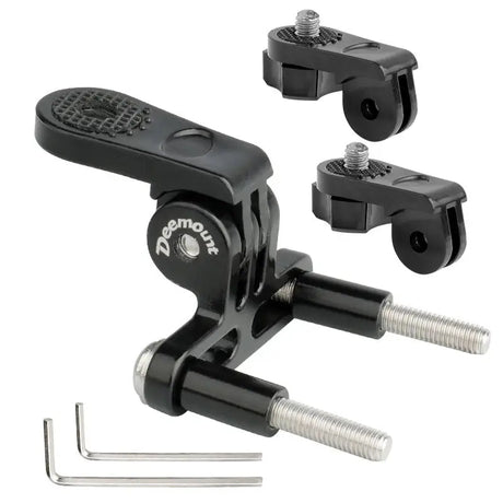a pair of black bike clamps with screws