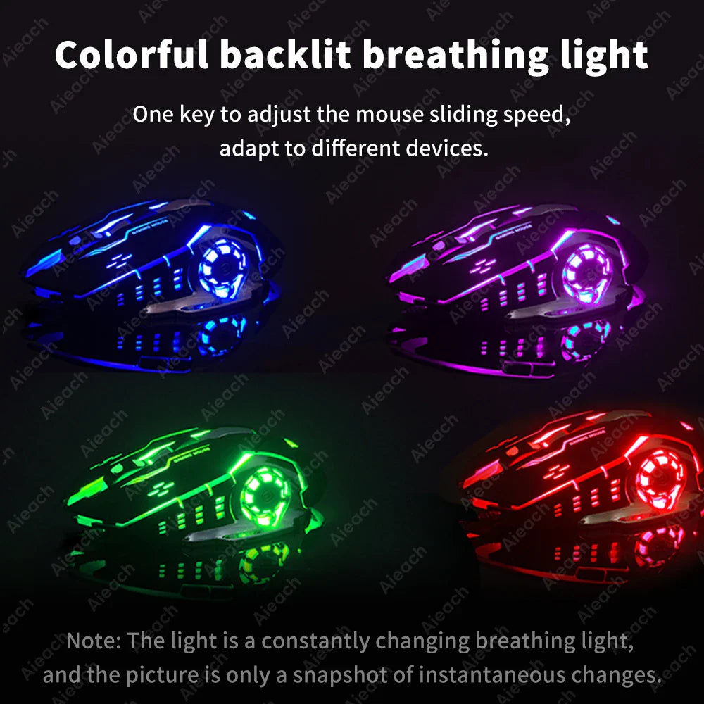 Gaming mouse with colorful LED backlighting in blue, purple, green, and red variations.