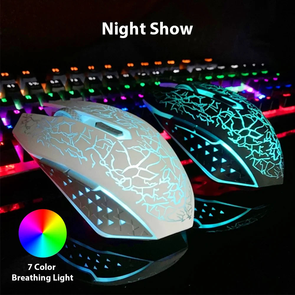 Gaming mouse with colorful LED lighting and a cracked pattern design.