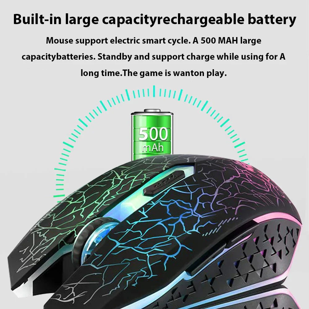 Gaming mouse with colorful lightning pattern design and a rechargeable 500 mAh battery.