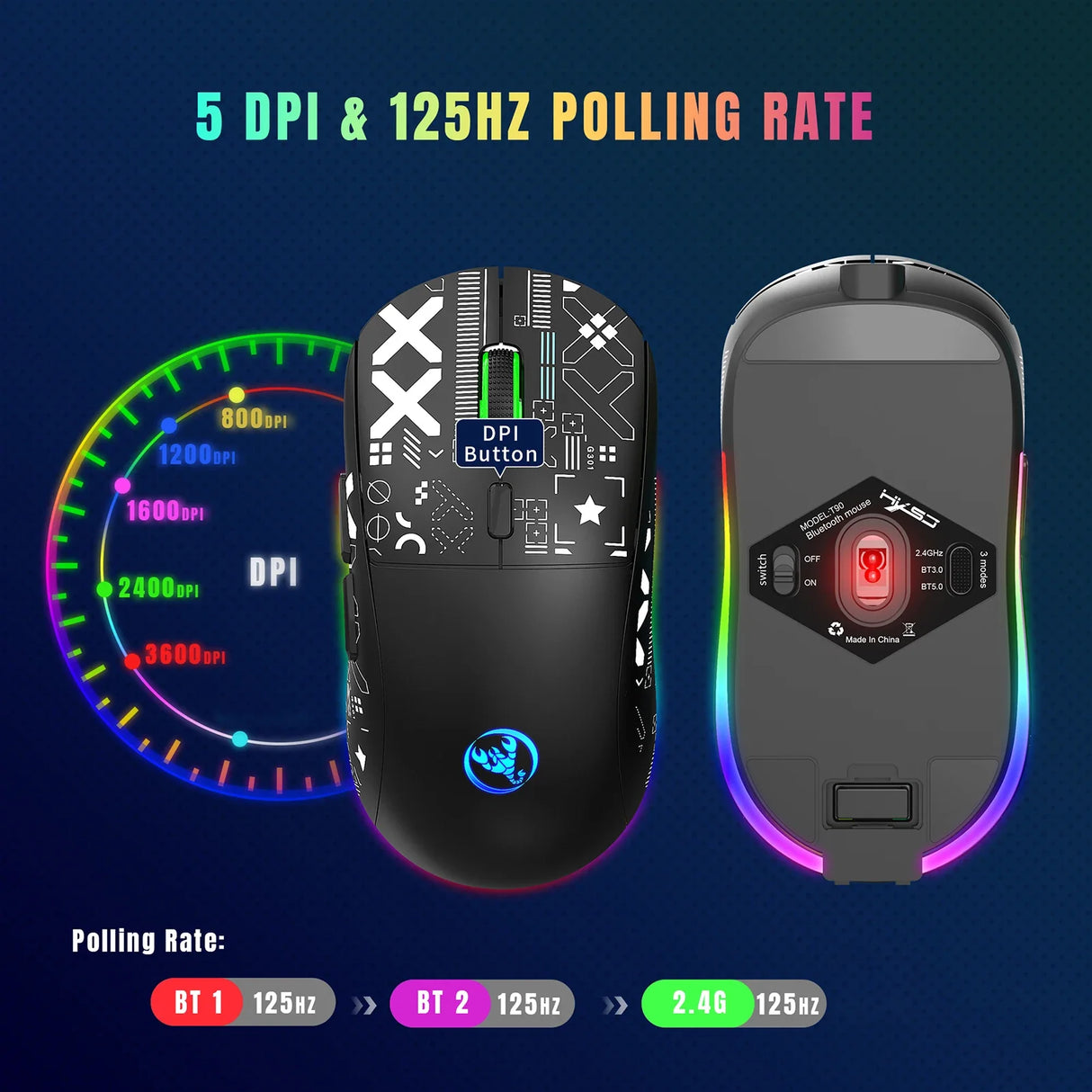 Gaming mouse with customizable DPI settings and RGB lighting features.