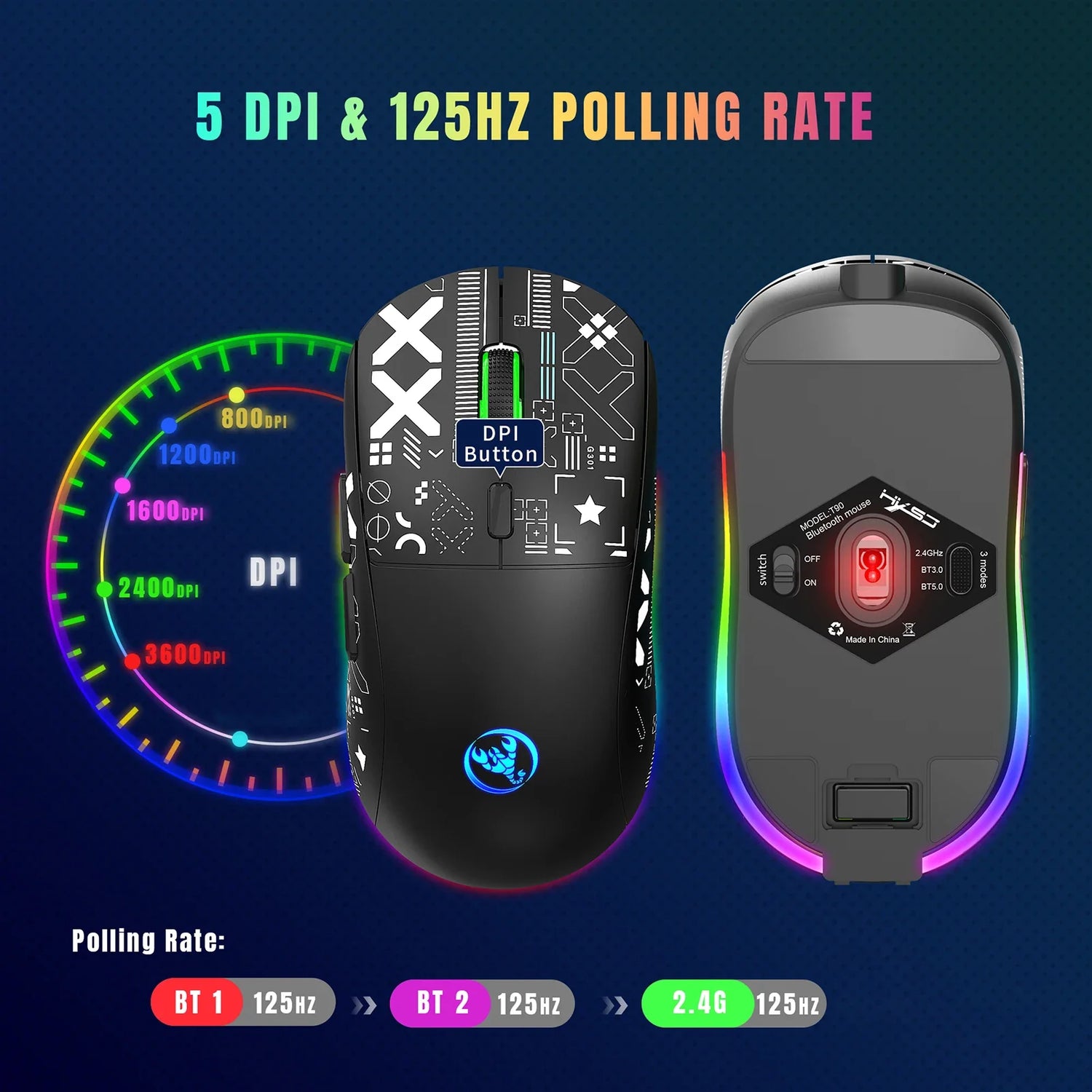 Gaming mouse with customizable DPI settings and RGB lighting features.
