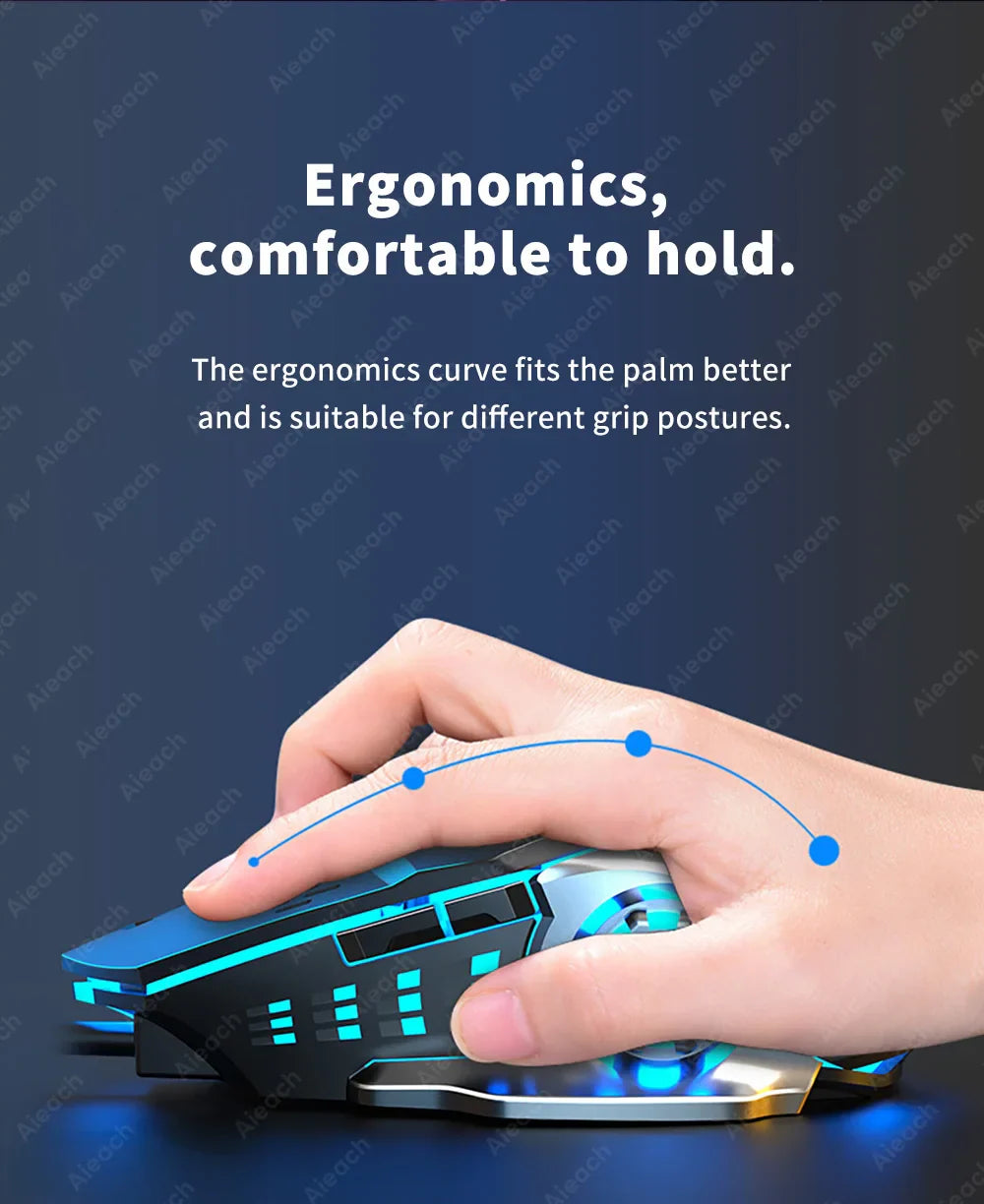 Gaming mouse with an ergonomic design and blue LED lighting.