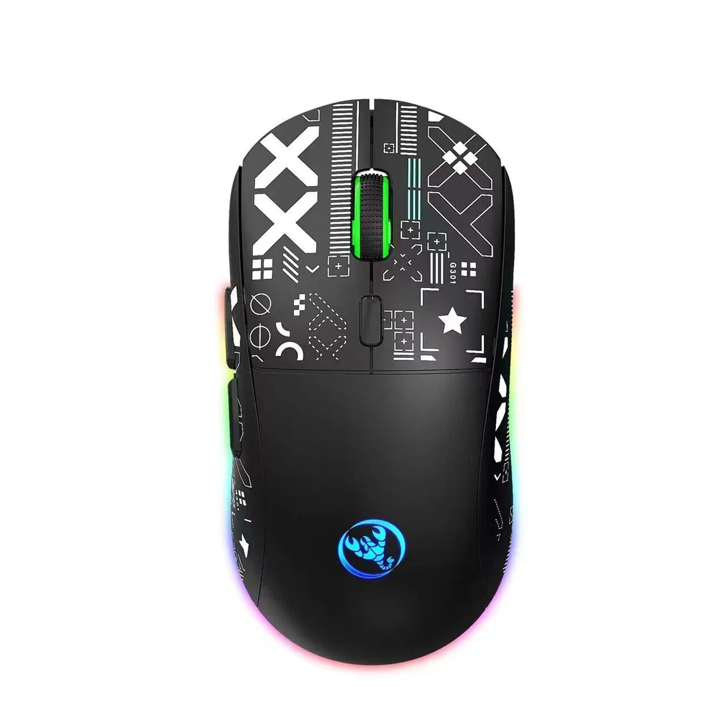 Gaming mouse with geometric pattern design and RGB lighting.