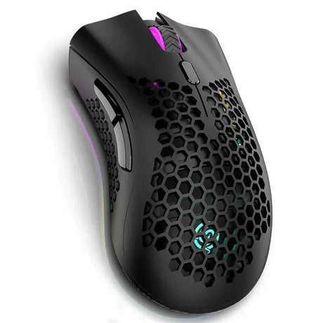 Gaming mouse with a honeycomb-patterned shell and RGB lighting.