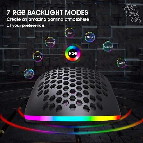 Gaming mouse with a honeycomb-patterned shell and RGB lighting around the base.