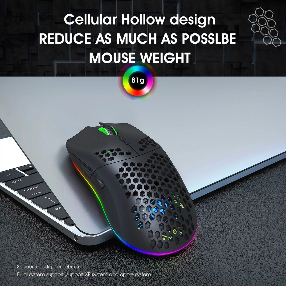 Gaming mouse with a honeycomb-style perforated shell and RGB lighting.
