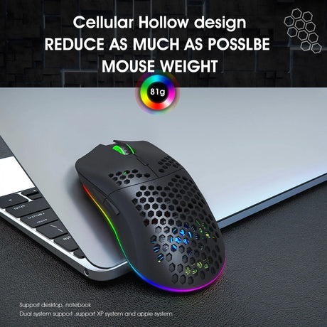 Gaming mouse with a honeycomb-style perforated shell and RGB lighting.