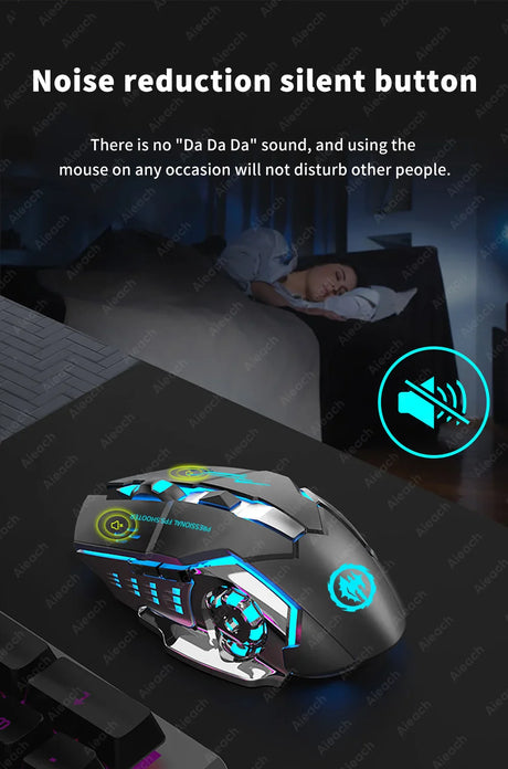 Gaming mouse with illuminated buttons and a noise reduction feature.