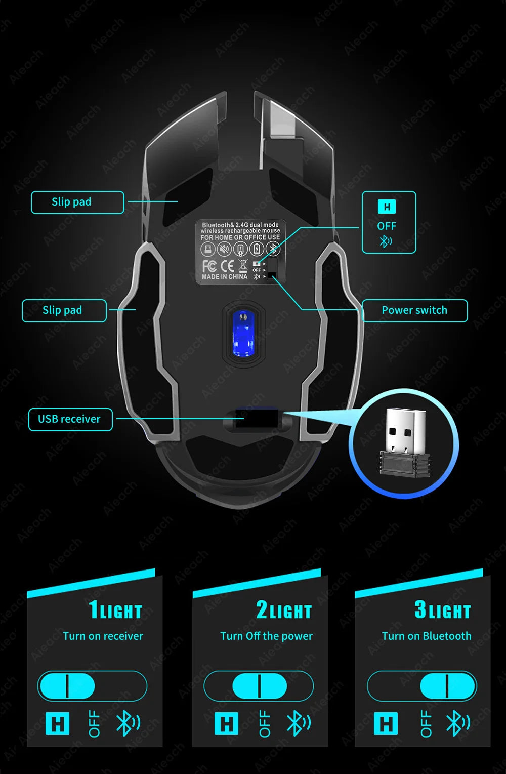 Gaming mouse with labeled parts and customizable lighting settings.