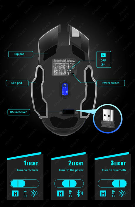 Gaming mouse with labeled parts and customizable lighting settings.