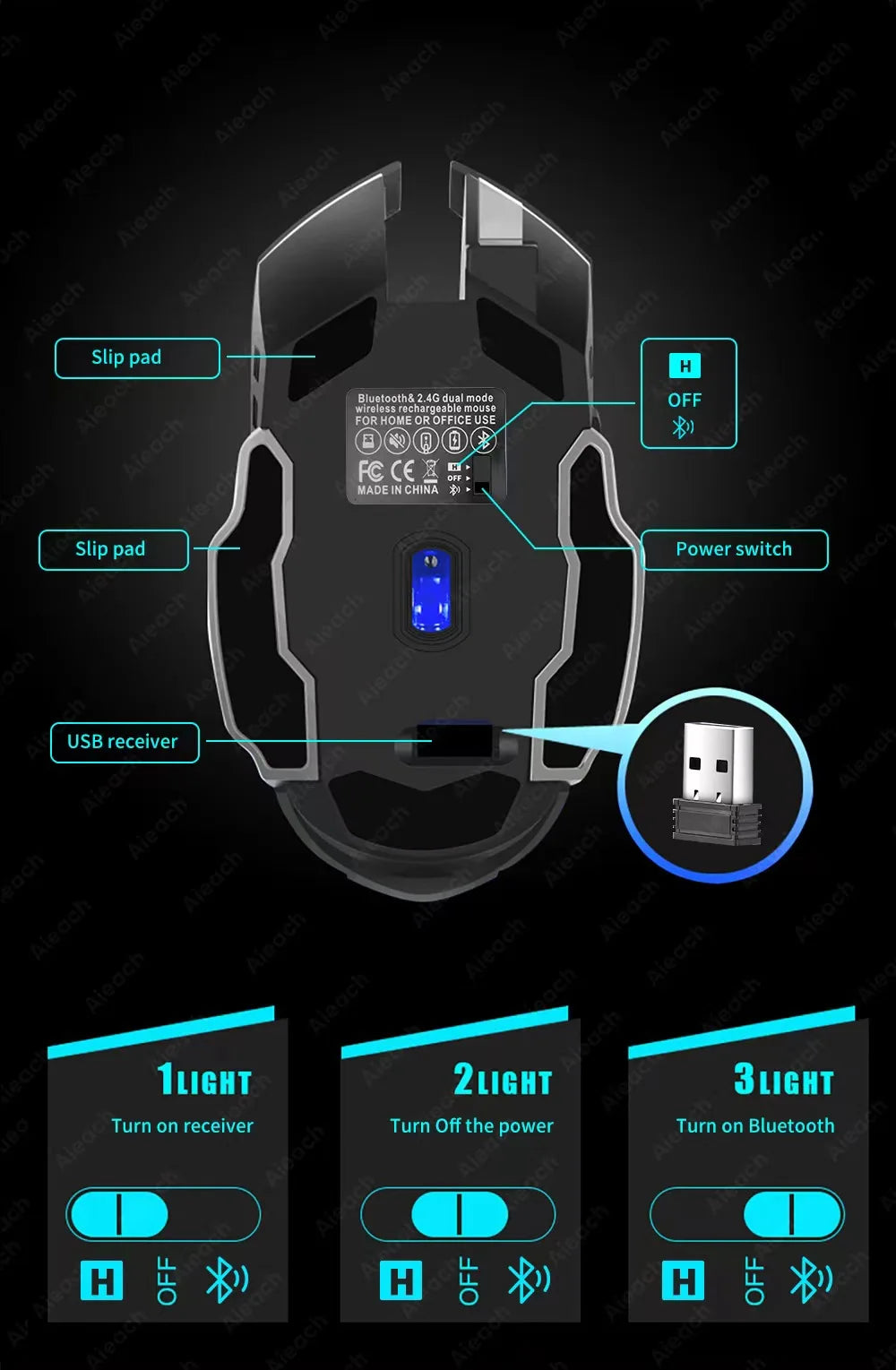 Gaming mouse with labeled parts and customizable lighting settings.