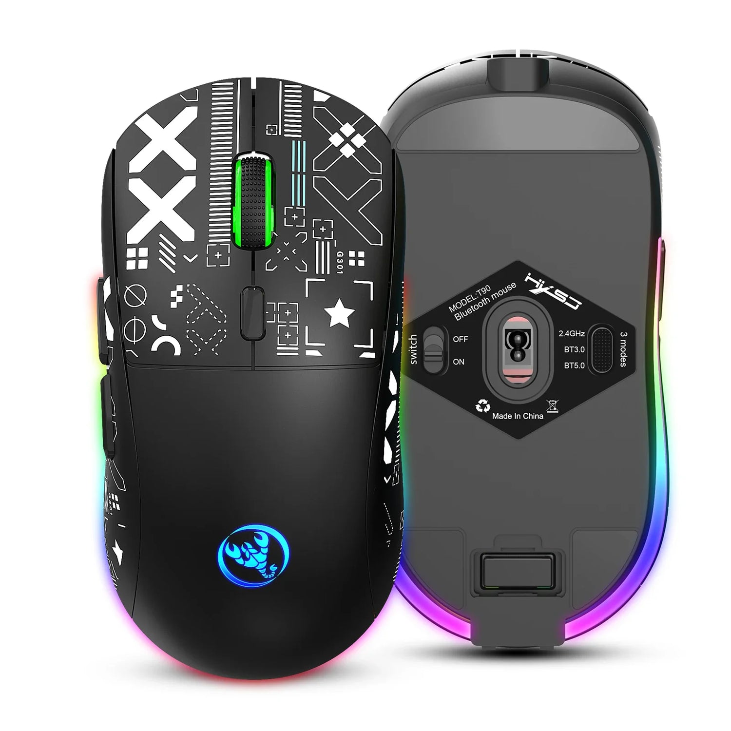 Gaming mouse with RGB lighting and customizable buttons.