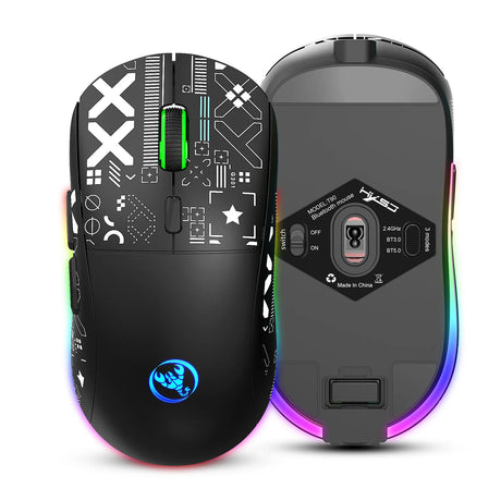 Gaming mouse with RGB lighting and customizable buttons.